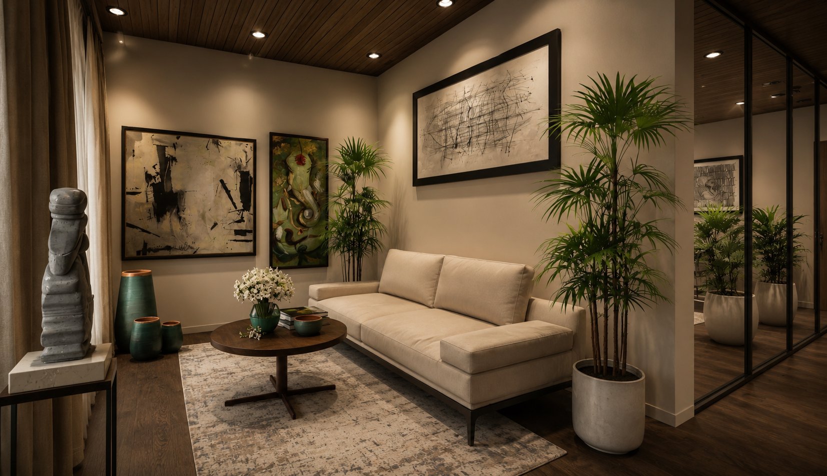 Reception lobby with a cream sofa, collected artworks, a stone sculpture, tall palms and a mirrored corridor to the right.