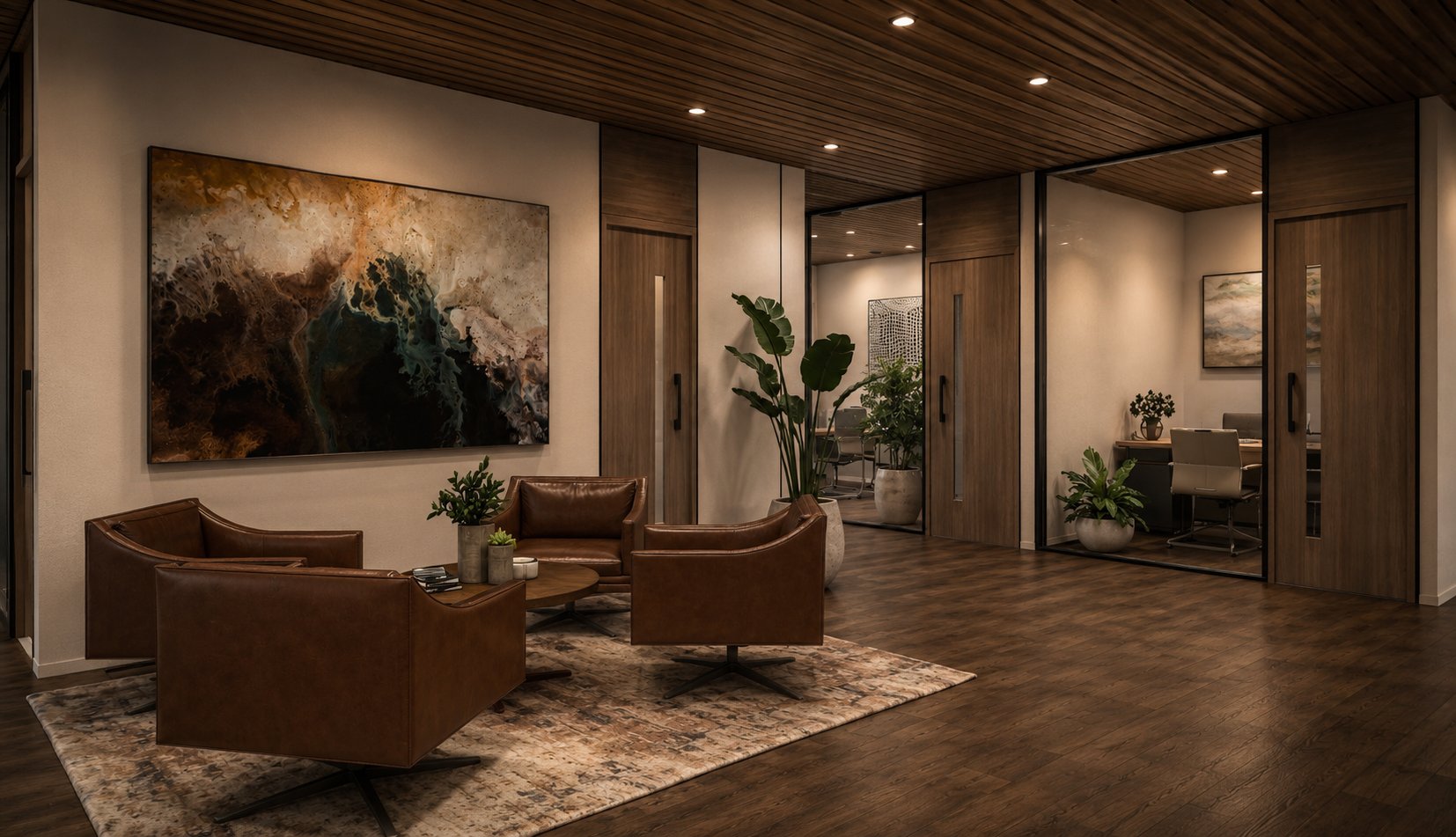 Reception seating of leather swivel chairs before a pair of glass-walled private offices with walnut doors, beneath a wood-slat ceiling.