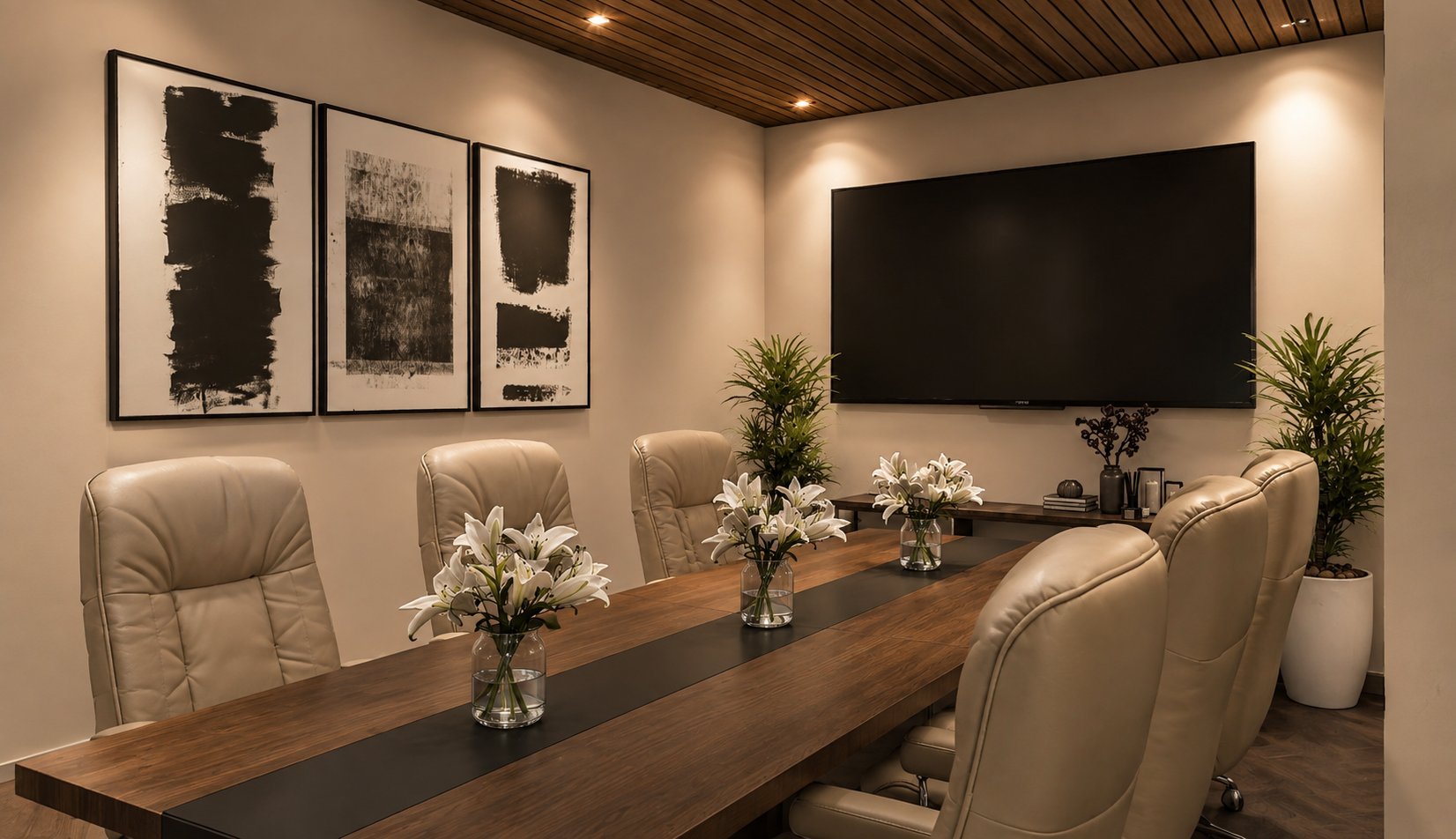 Boardroom with a long walnut conference table, cream leather chairs, white lilies, a wall-mounted screen and a triptych of ink artworks.